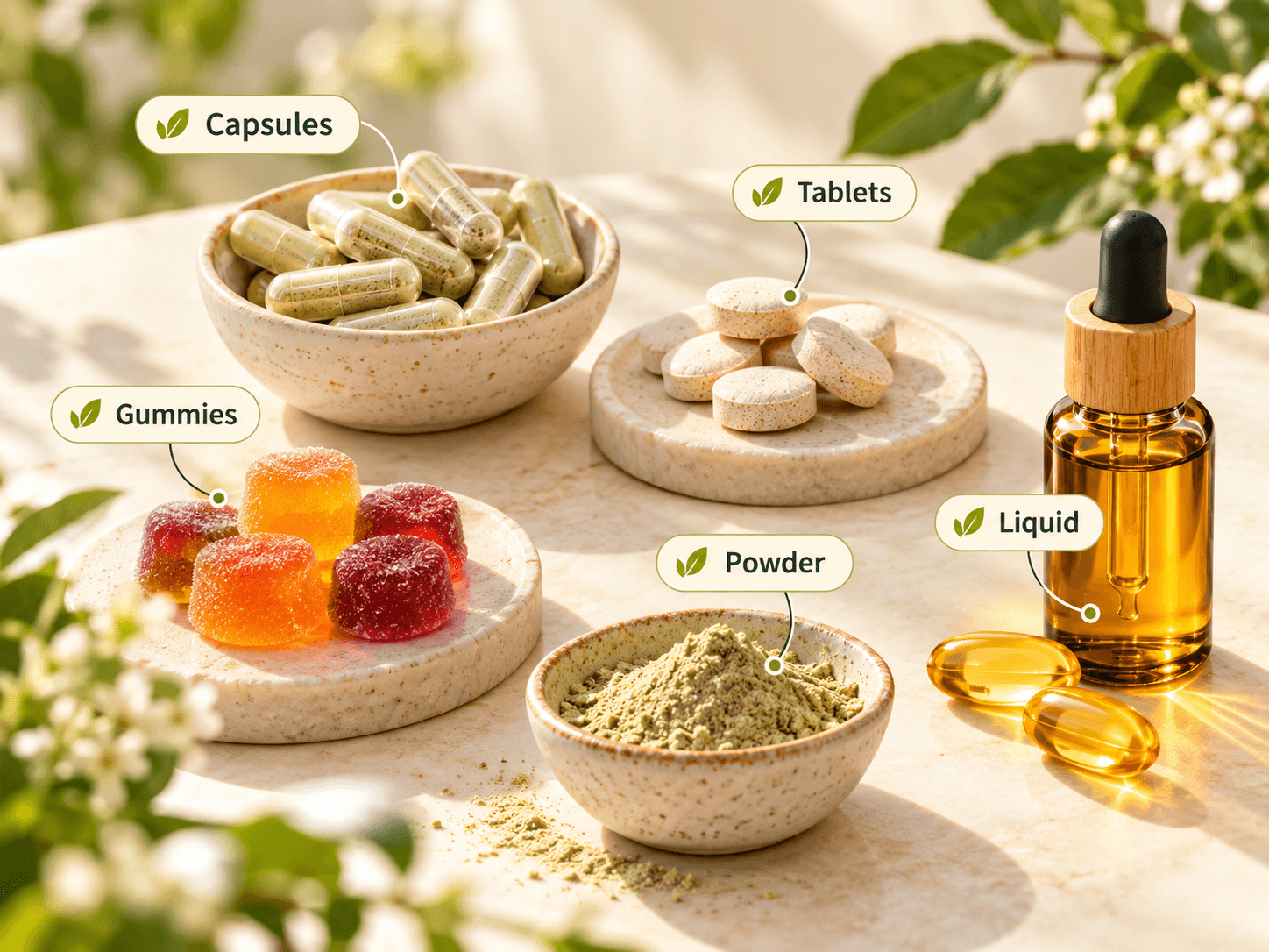 Capsules, tablets, gummies, powder, and liquid, each labeled.