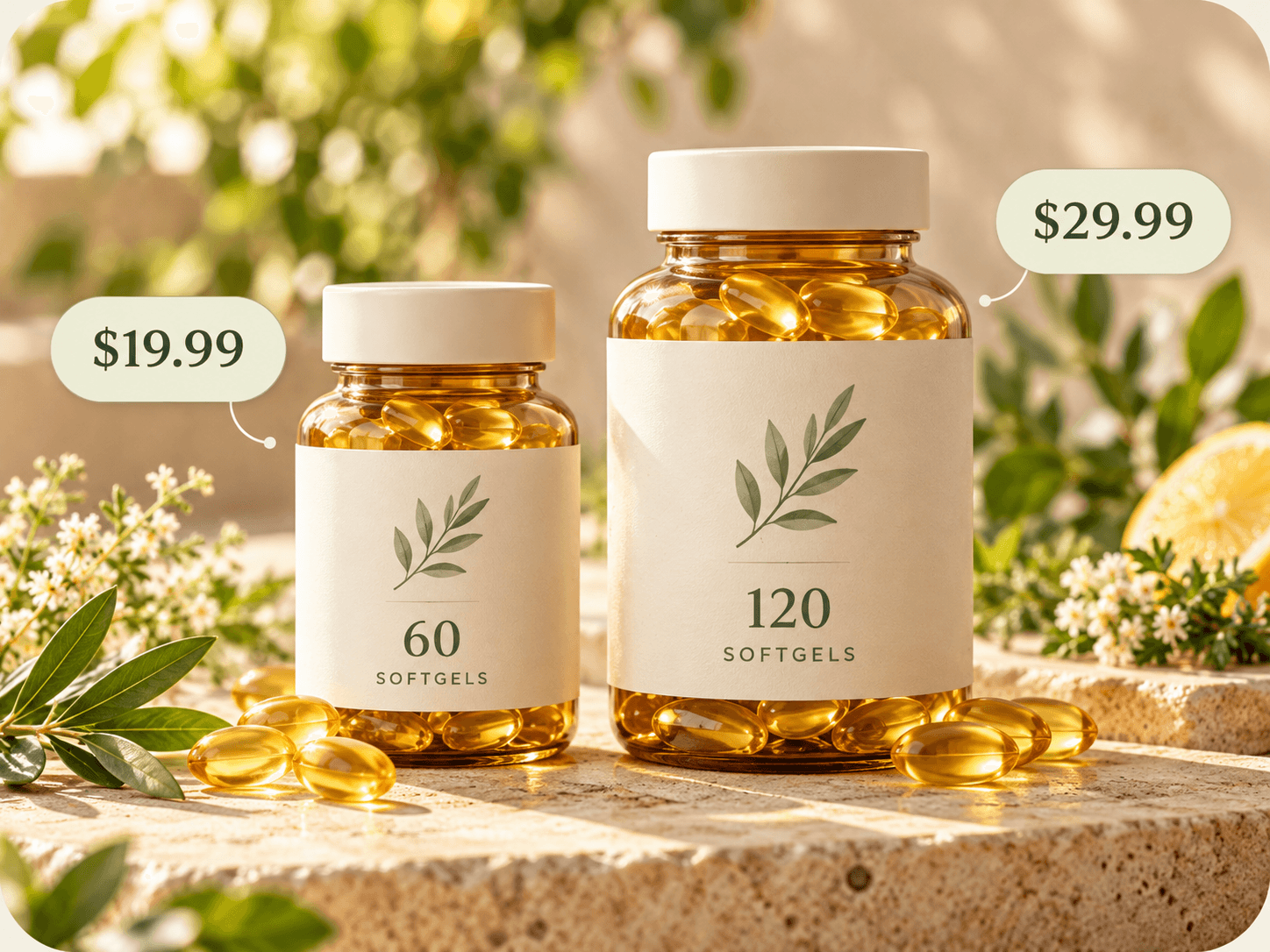 A 60-softgel bottle beside a 120-softgel bottle, each with a listed price.