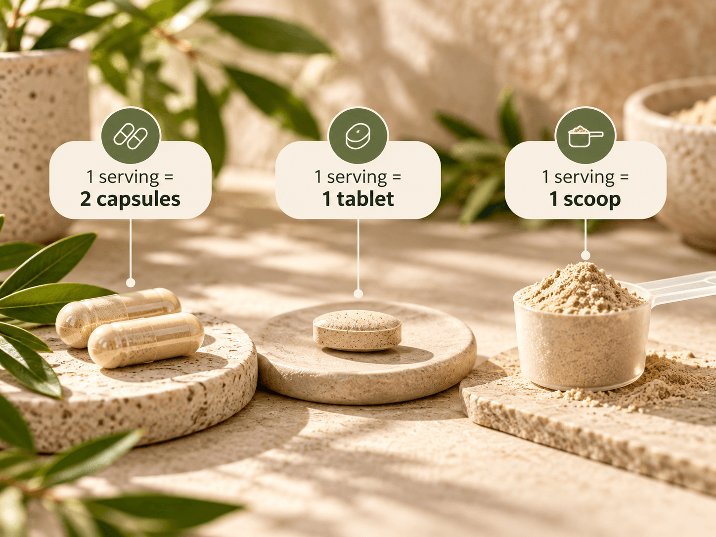 One serving shown as two capsules, one tablet, or one scoop.